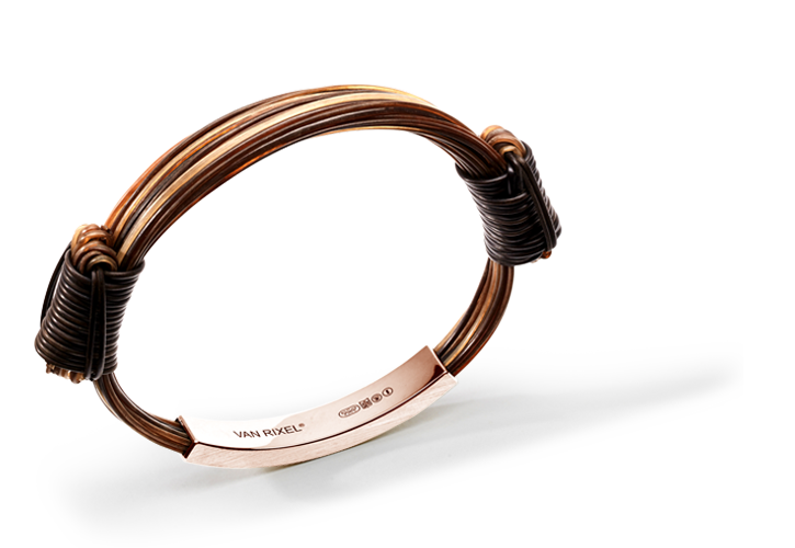 Een luxe, High End 18 kt Roségoud heren- of dames-armband, handgemaakt met exclusief bruin Olifantenhaar en schuifknopen - Medium